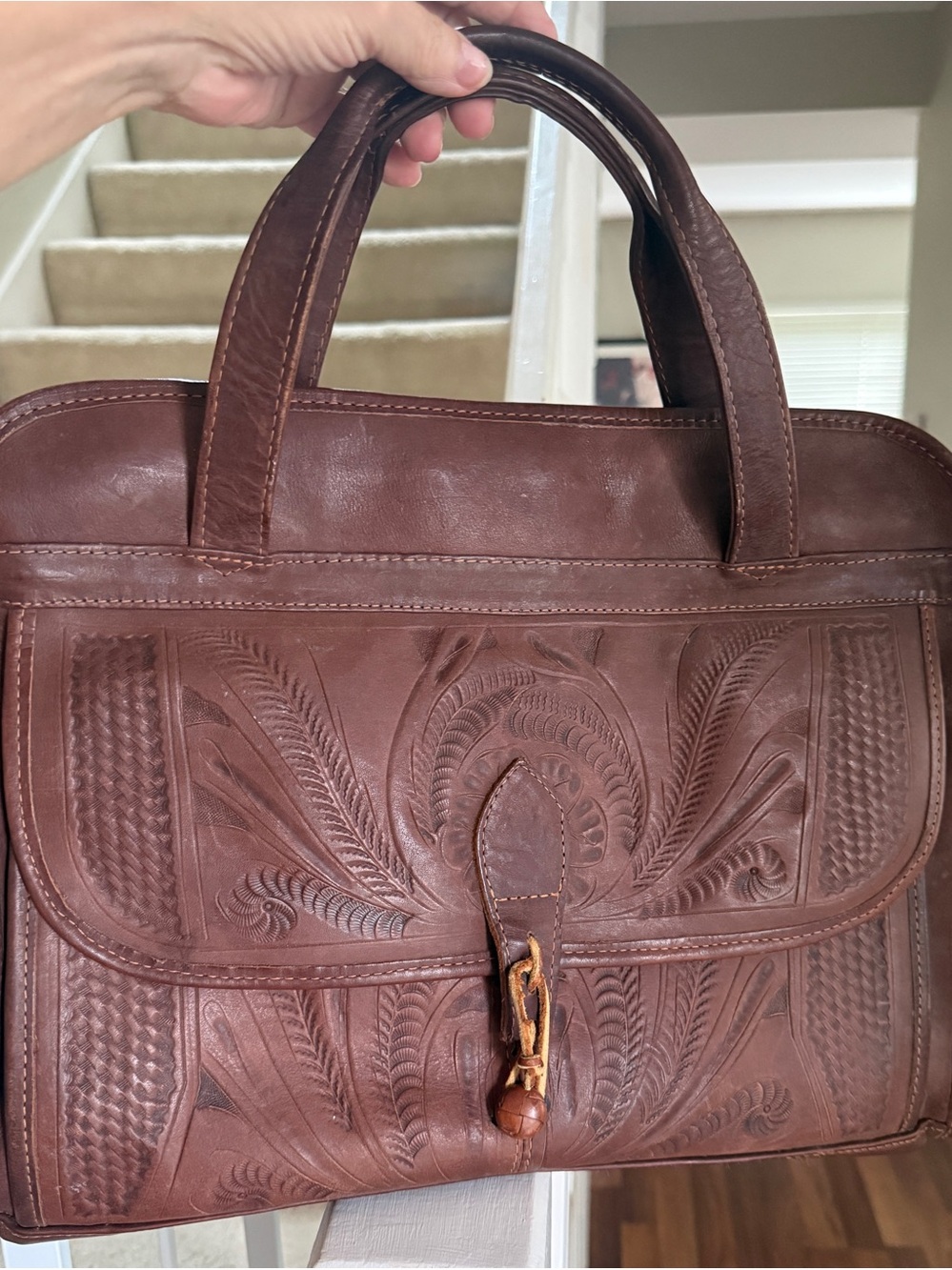 Hand-Tooled Brown Leather Briefcase Tote